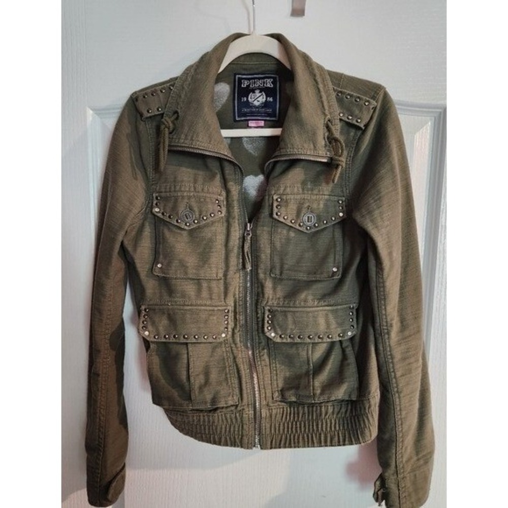 Victoria's Secret Love PINK Green Military Jacket Utility Medium Y2K 90s Studded